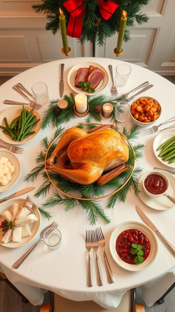 Festive Christmas Dinner Ideas for a Round Table A round table set for a Christmas dinner with roast turkey, side dishes, and festive decorations.
